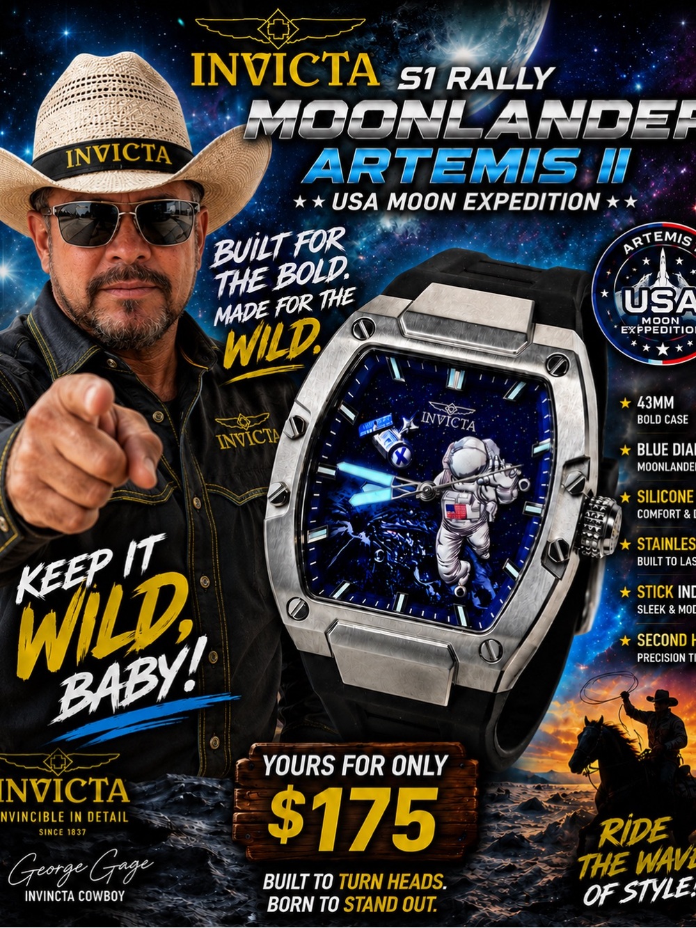 Invicta Moonlander Artemis II Watch - Blue, Silver, Black
